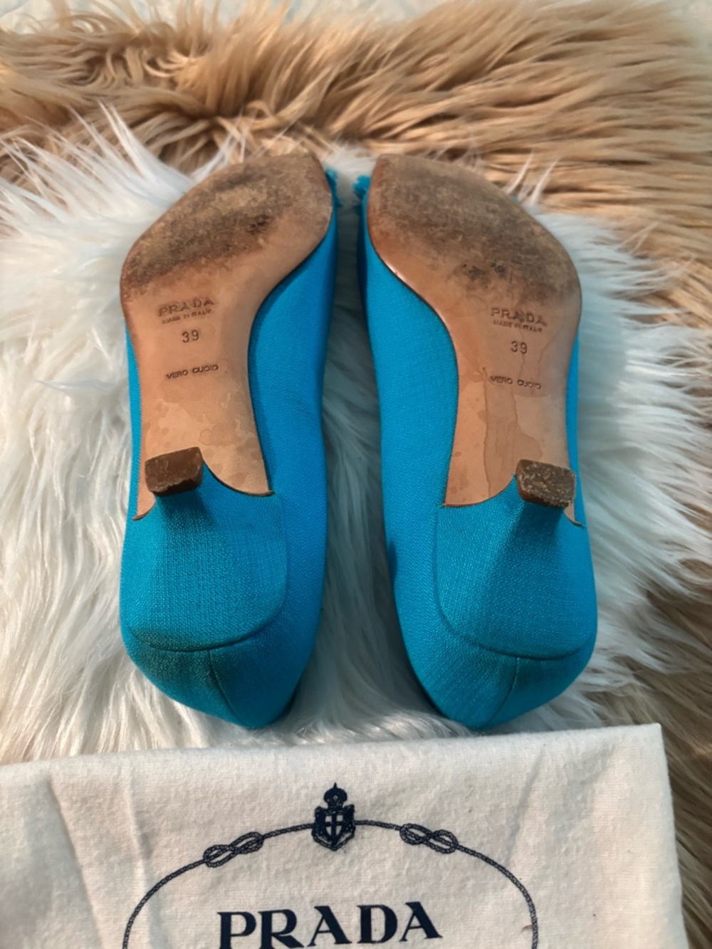Prada Turquoise Canvas Pumps with Brown Square Toe - Picture 6 of 7